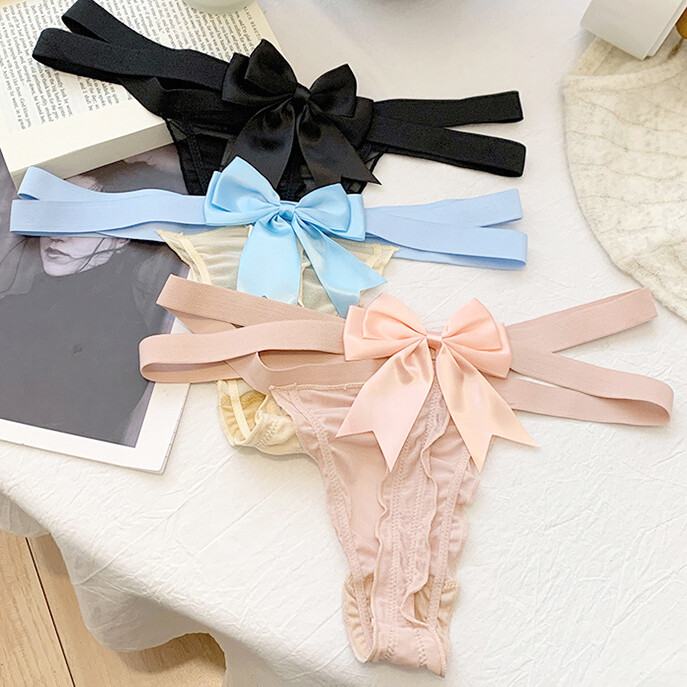 4 Pack Lot Sexy Womens Sheer Panties Thongs G string Cute Bow Underwear Lingerie