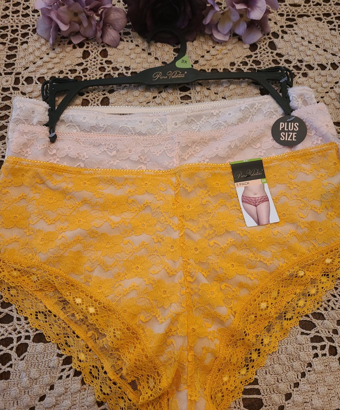 3X PRIMA VALENTINA 848072 BK/PK/WN LACE/MICROFIBER BOYSHORT PANTIES L