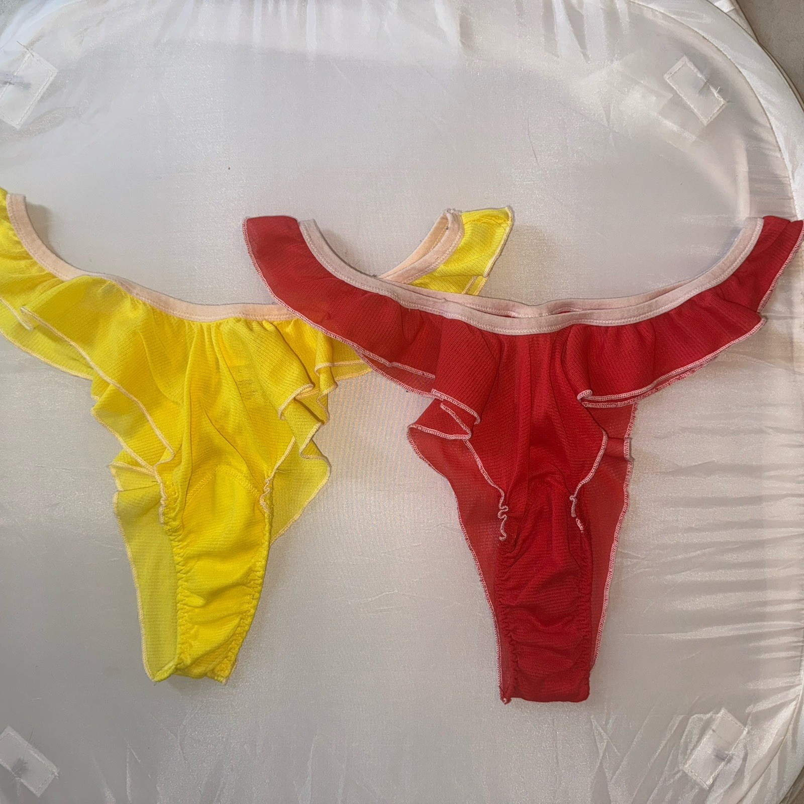 FREE PEOPLE WE ARE HAH Fly Girl Thongs Blood Orange and Yellow Sexy Ruffle Sz L
