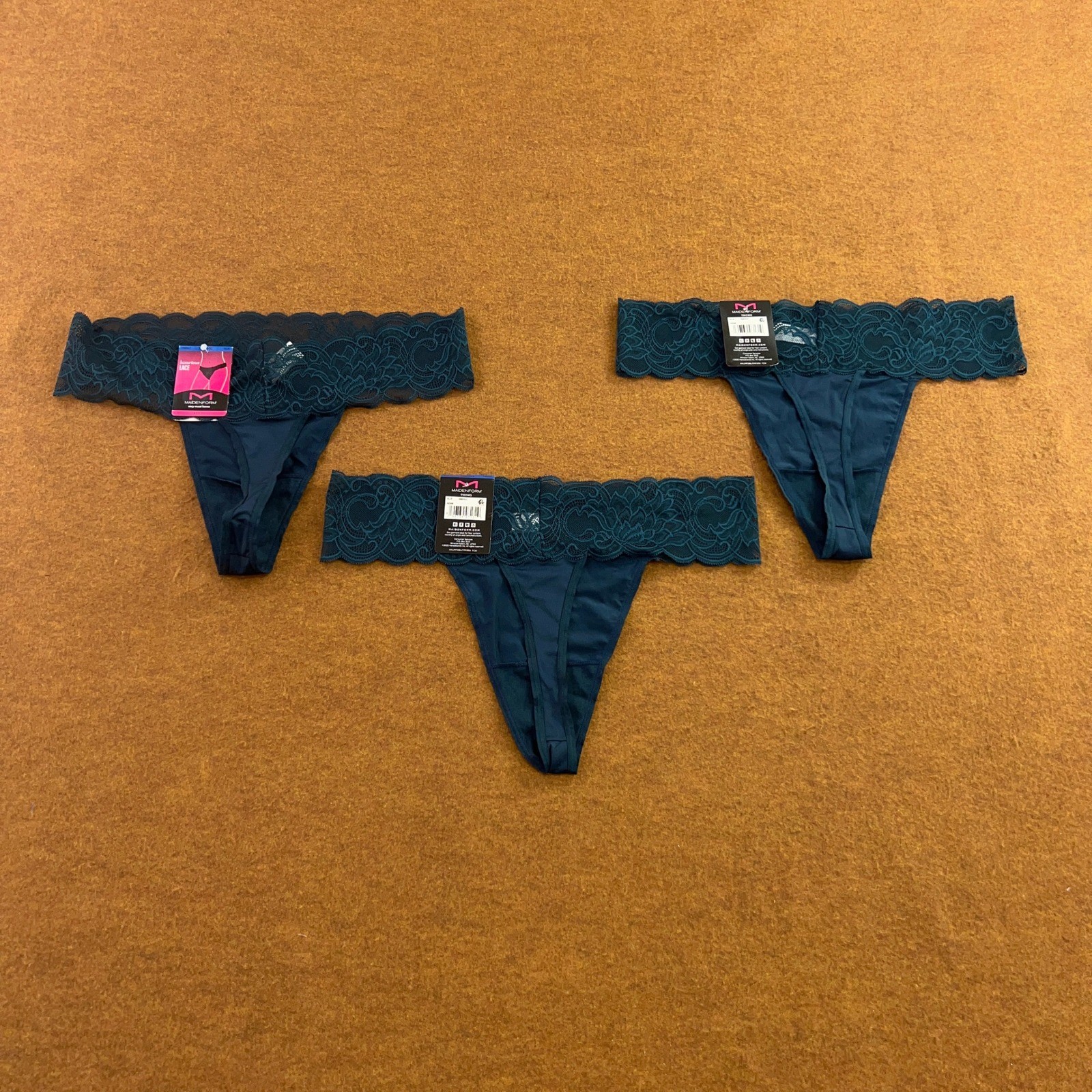 Maidenform Womens XL/8 Teal Blue Luxurious Lace 3 Pack Thong Panty NWT