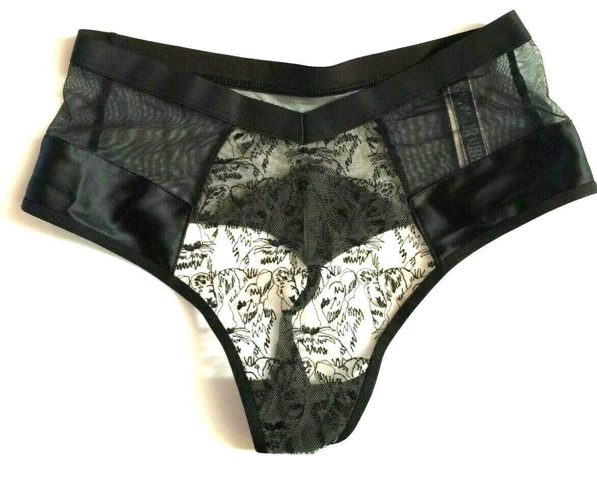 Victorias Secret Black Tiger Mesh High Waist Thong Panty XS Split Waist Satin