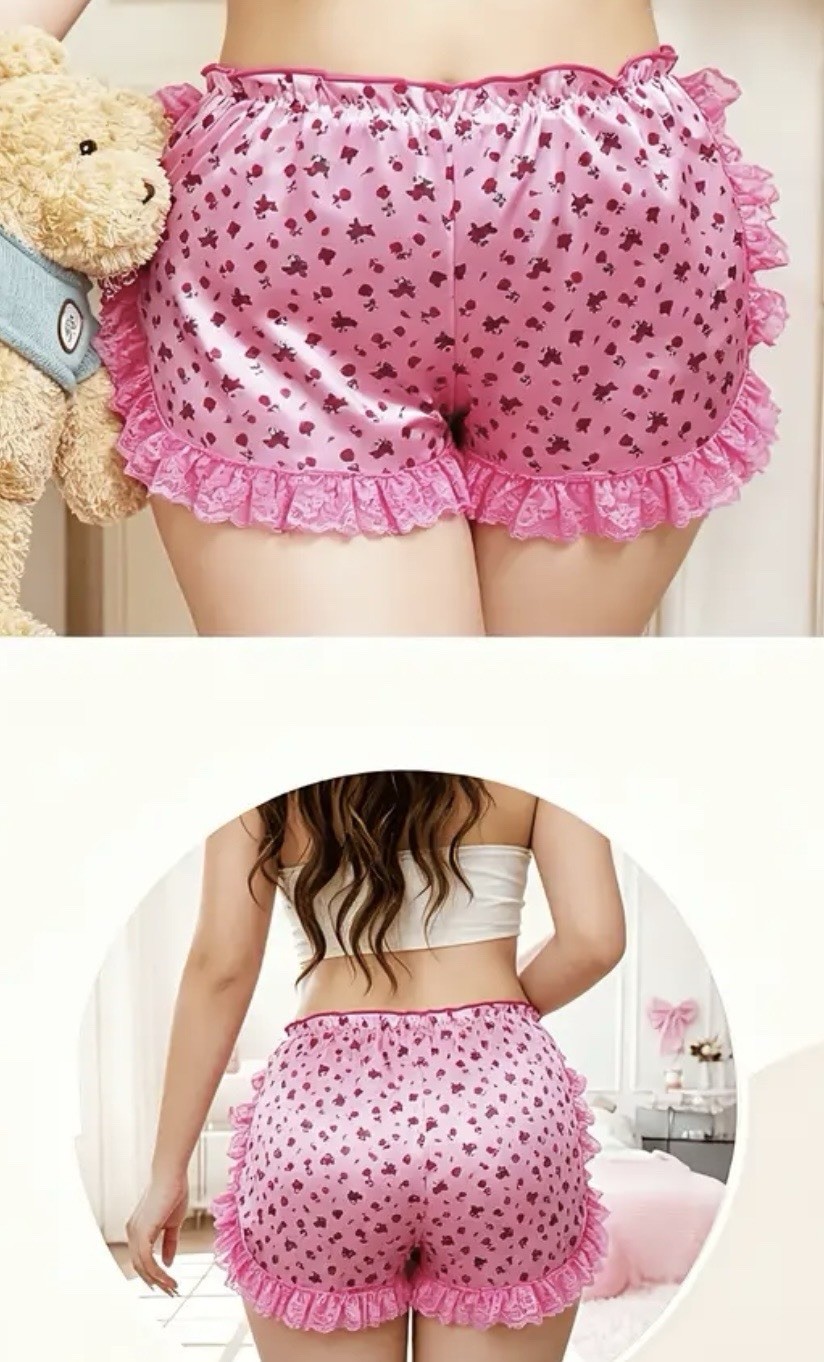 Pink Floral Satin w Ruffled Lace Boy Shorts Style Brief Lounge Pantie 4X 4XL NEW