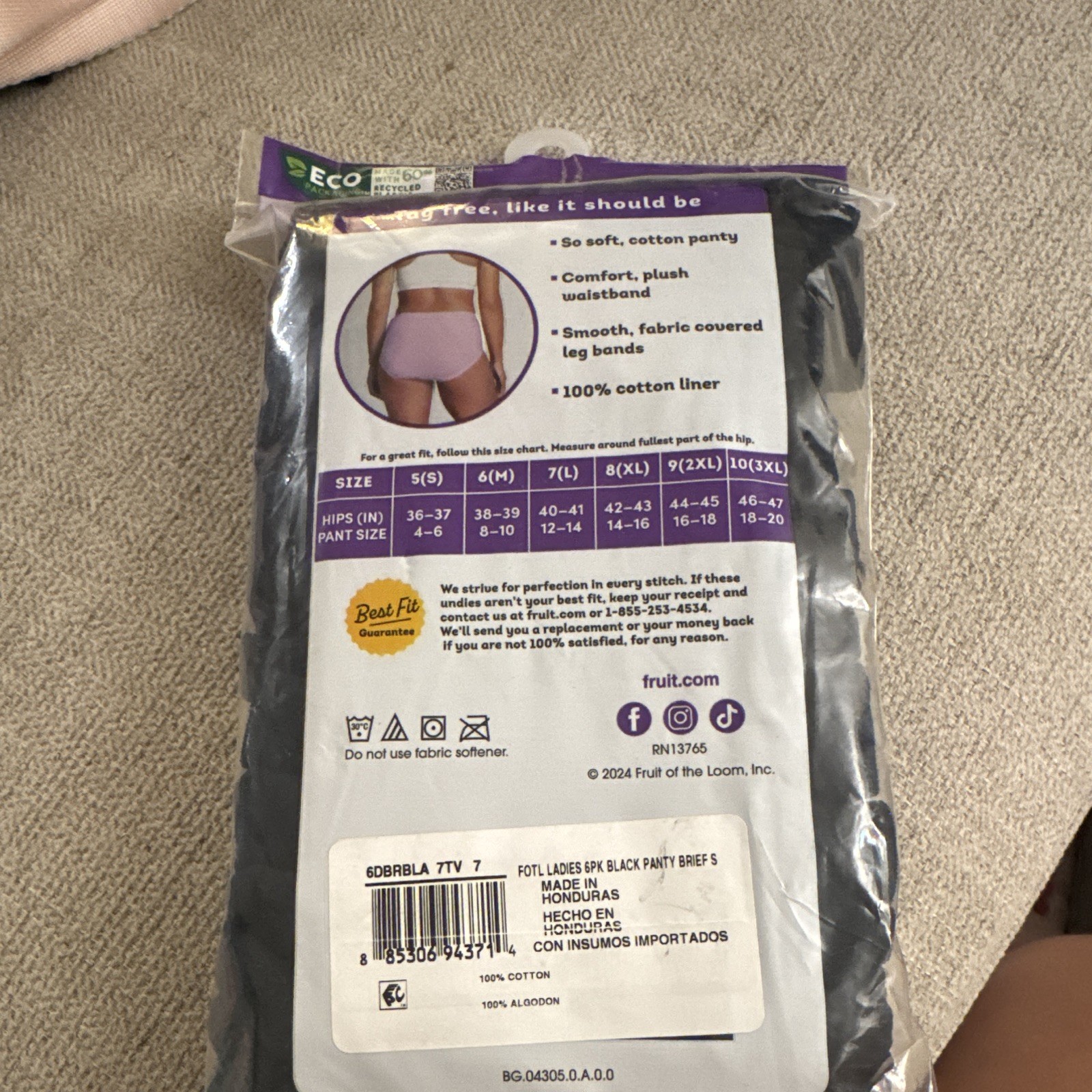Fruit of the Loom Breathable Cotton Brief Panties 6-Pack Women’s S7/L 12-14Black