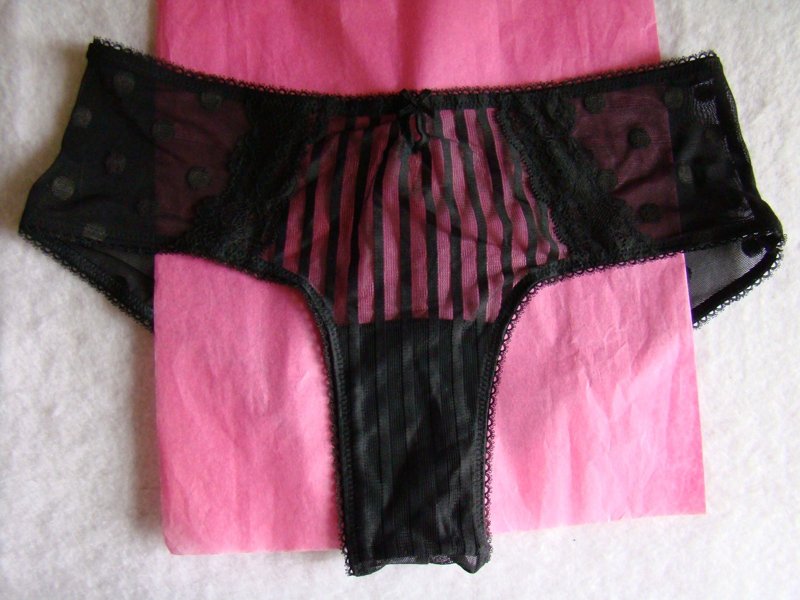 New Victoria’s Secret Black Front Ribbon Bow Lace Polka Dots Cheeky Panty