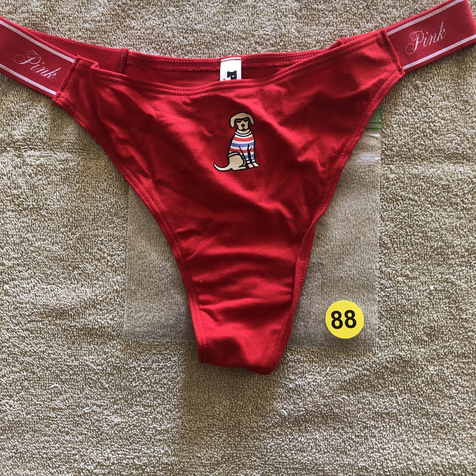 Pink By Victorias Secret Medium Red Dog Logo Cotton Thong Panties