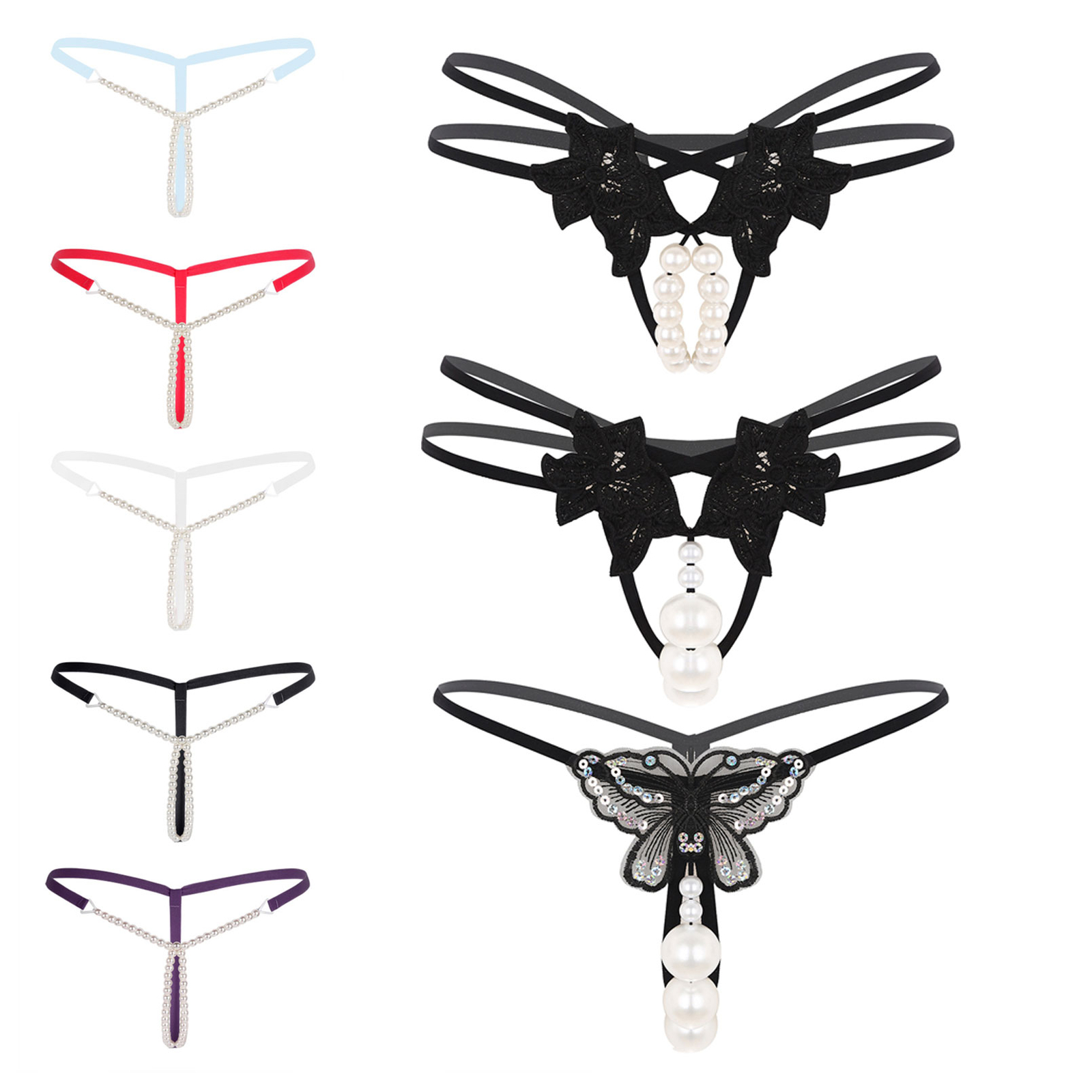 Fashion Women Sexy Underwear Cutout Pendant Pearl Beads Embellished G-String