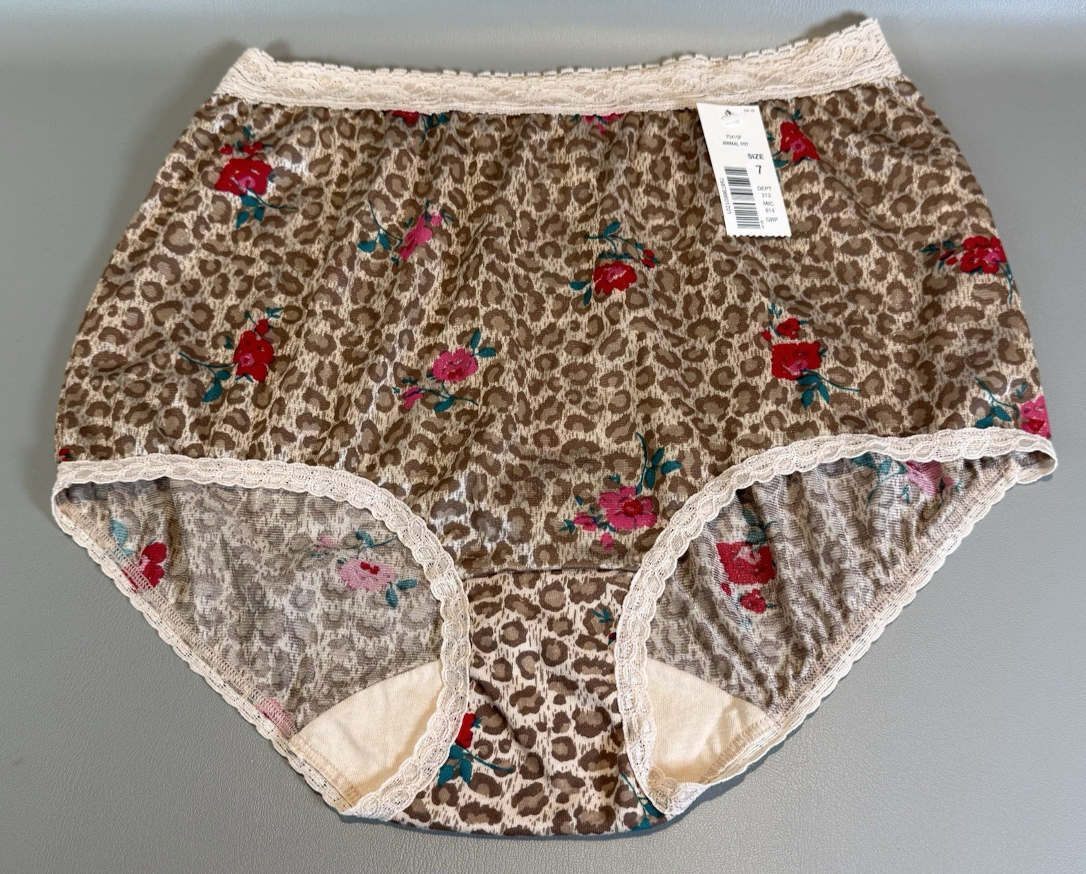 Cotillion Nylon Brief Animal Print Flowers Lace Trim Granny Panties Size 7 NWT