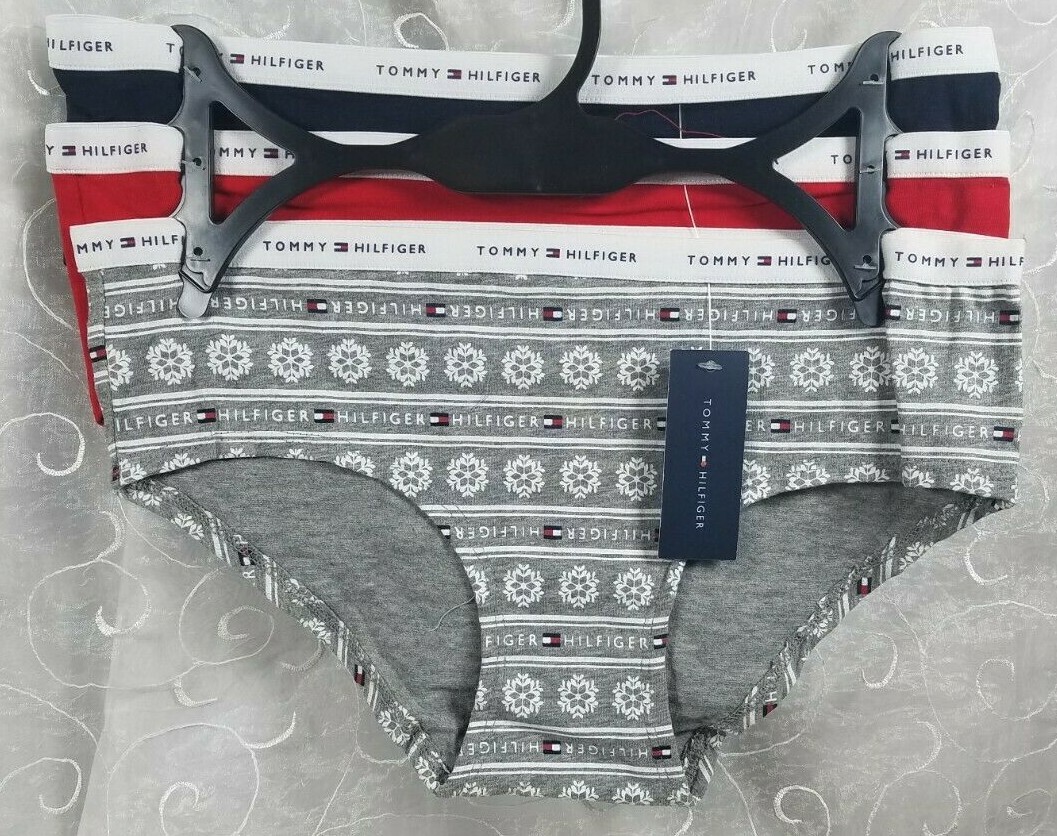 Tommy Hilfiger 3Pk Hipsters Cotton Stretch L Gray w/ Snowflakes, Solid Red Navy