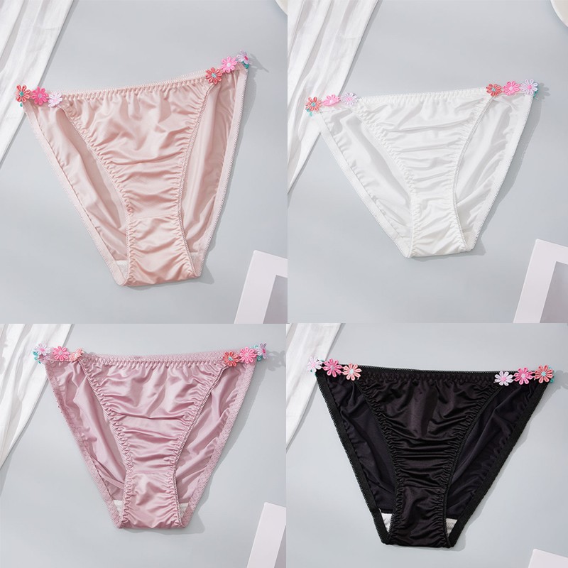 4 Pack Lot Sexy Womens Satin Panties Bikinis Briefs Underwear Flower Lingeries