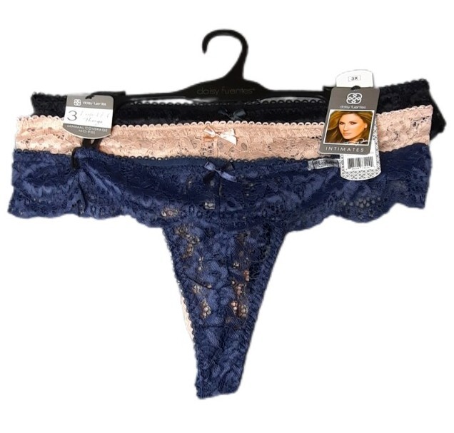 Daisy Fuentes 3 Pair Full Figure Lace Thong Panties Size 3X Black Beige Navy NWT