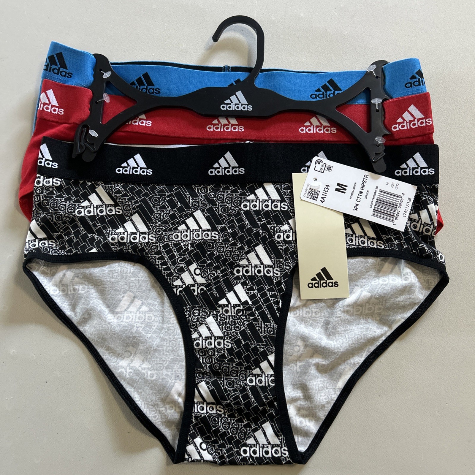 NWT Adidas Women’s 3-PK Cotton Hipster Underwear 4A1H34 Size M Black/Red/Blue