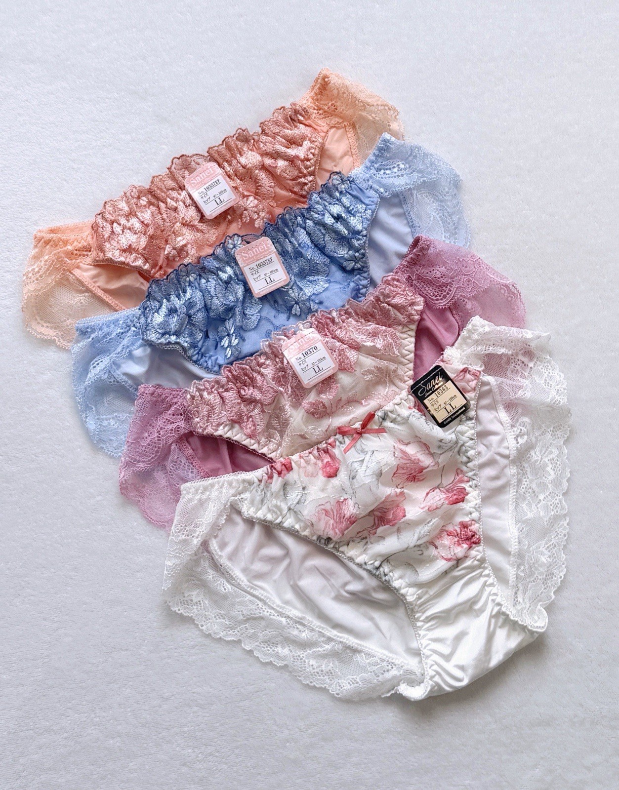 Set Of 4！US-S, M/JP-LL Japanese Embroidery Lace Trim Shiny Smooth Nylon Panties