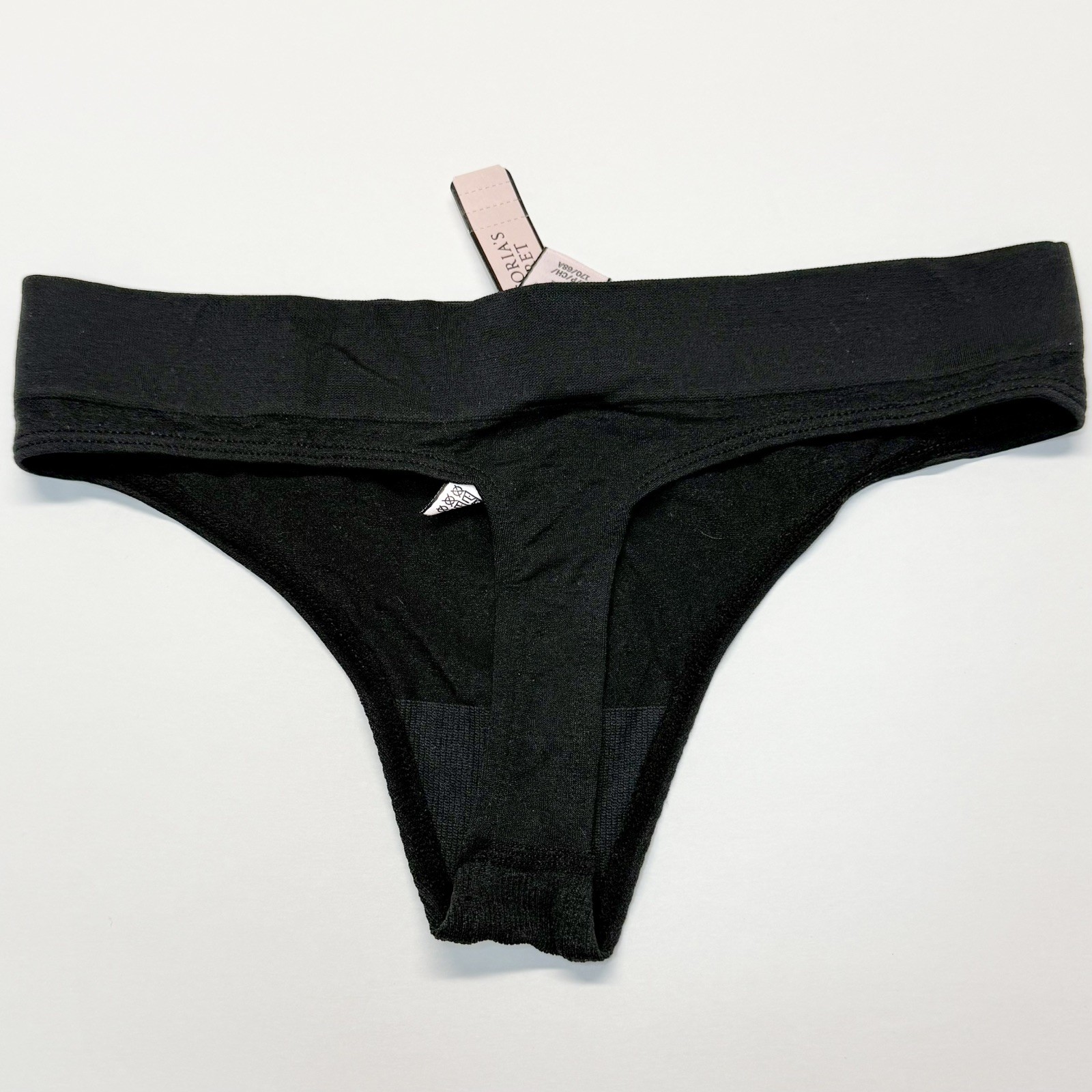 Set of 2 Vintage Victoria’s Secret Logo Band Soft Nude Black Thong Panties Med
