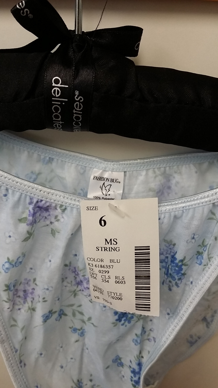 String Bikini Panties, Powder Blue With Flowers, Size 6, Soft, Smooth, And Silky