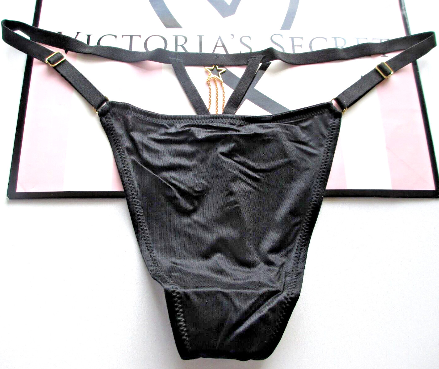 VICTORIA’S SECRET VERY SEXY V-String Thong Panty M Black NWT Star Hardware VS