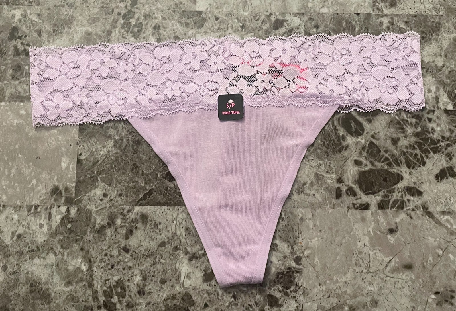 NWT LA SENZA SMALL LAVENDER PURPLE COTTON BLEND FLORAL LACE BAND THONG PANTIES