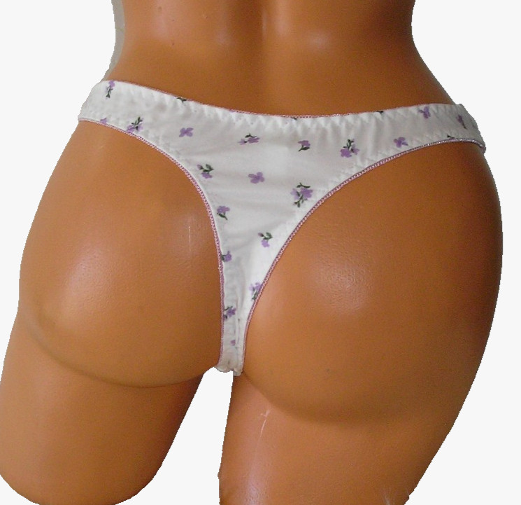 Panties Lingerie Purple Floral Detail White Thong, XL Adult Gift