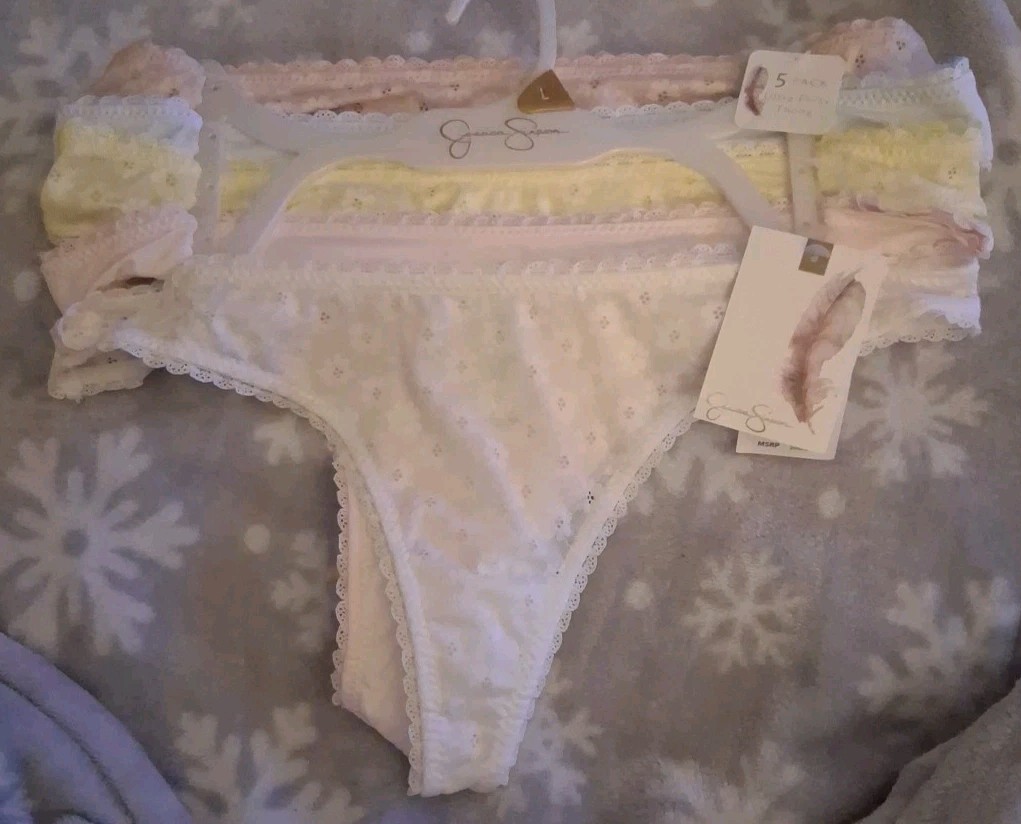 “Jessica Simpson” Womens Thong Set Of 5, Sz Large, Multicolor, Sheer Lace, Lined