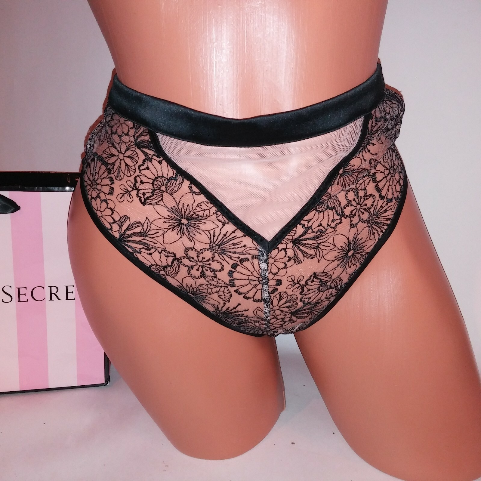 Victoria Secret Panty Small Embroidered Lace High Waist Thong Black Sheer New