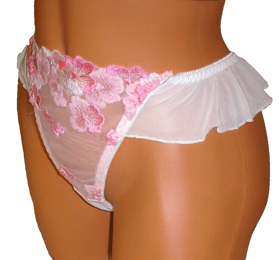 White Mesh Pink Embroidered Ruffle Thong Panties Lingerie, XL Adult Gift