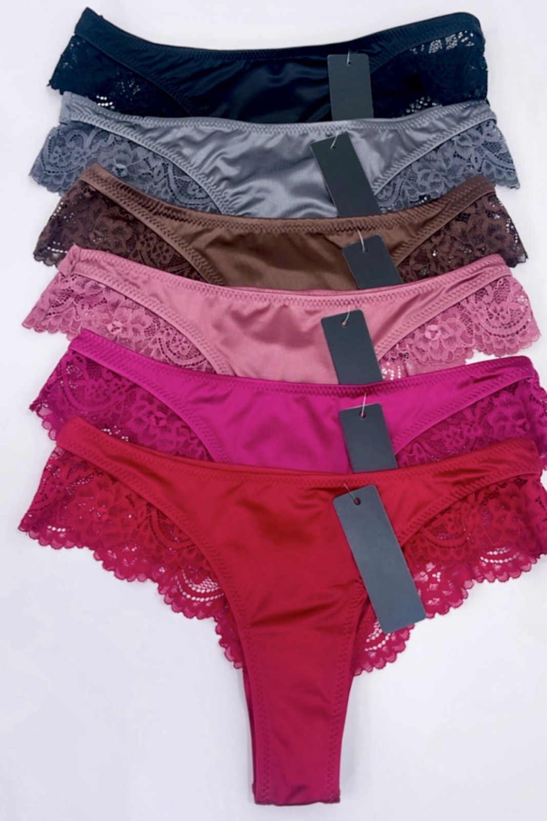 6 Pcs Lot Women Sexy Satin Thongs Panties Silky G-string Shiny Lace Underwear M