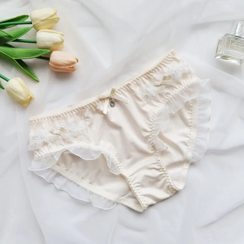 Ruffle Lace Briefs Mid Rise Smooth High Elastic Underwear Panties Women Soft