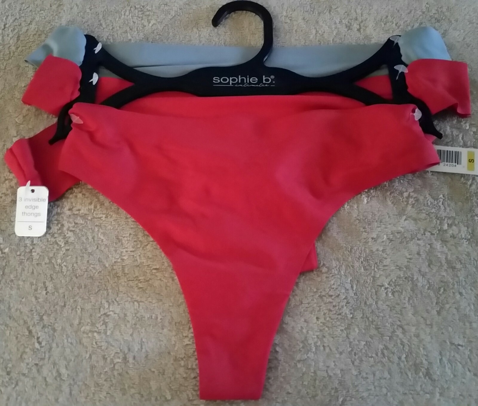 NWT MSRP $42 Sophie B 3 Pack Invisible Edge Thong Panties Solid Gray Red Small