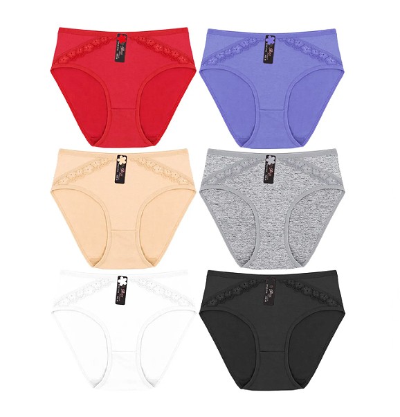 Women’s Solid Cotton Blend Panties Lace Panel Stretch Briefs 12 Pack