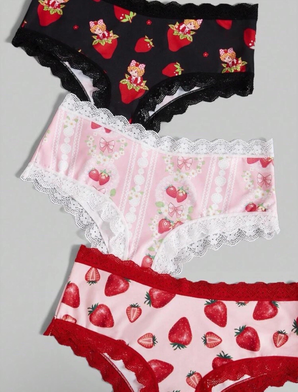 ROMWE X Strawberry Shortcake 3pc Underwear Lace Trim Panties y2k Kawaii Lolita