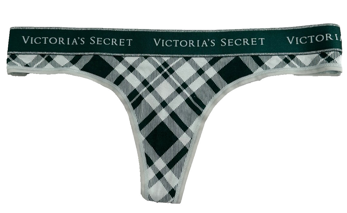 Victoria’s Secret Womens High Cut Thong Panties Size Small Green Tartan Plaid