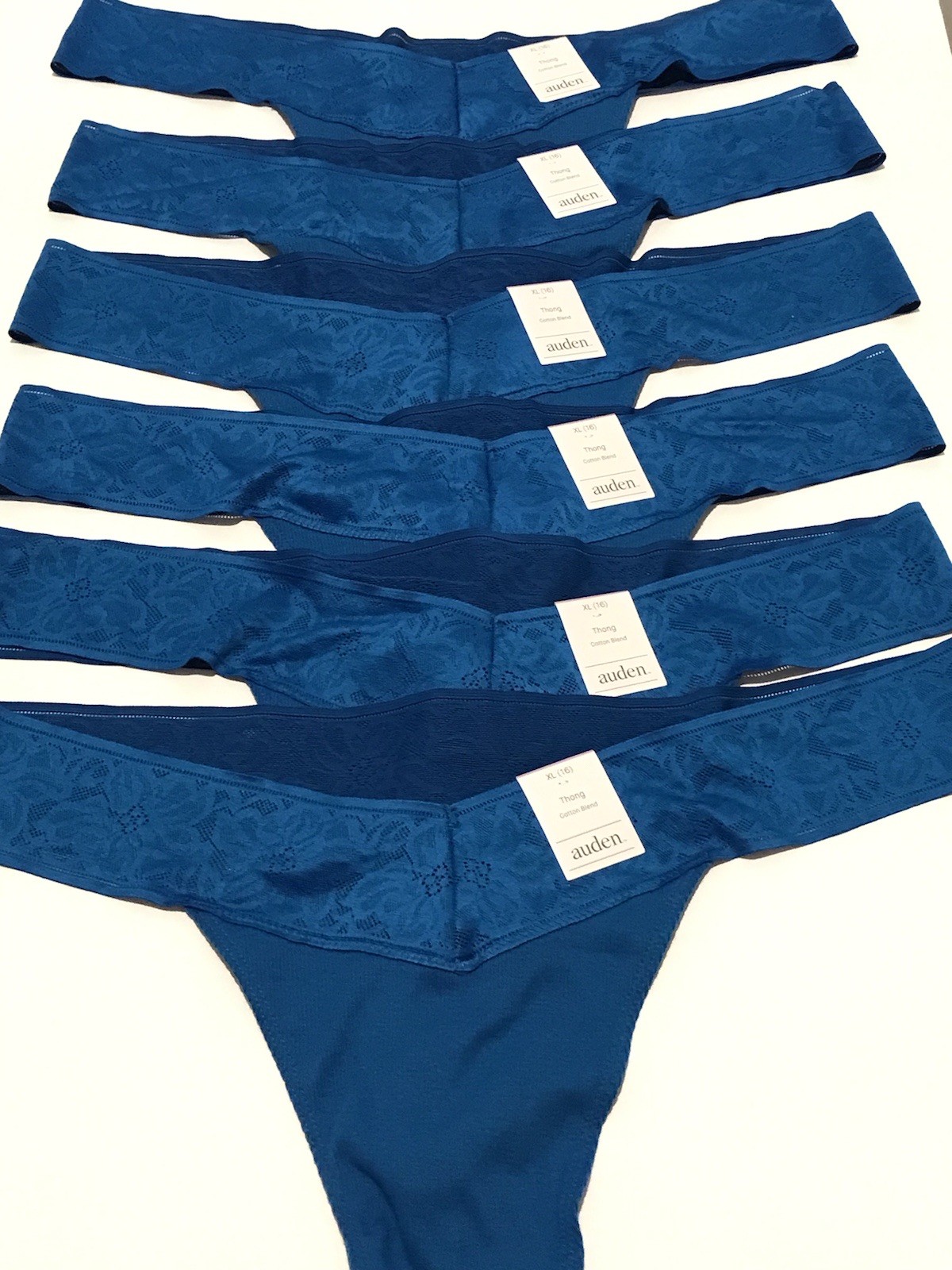 Set of 6 AUDEN Cotton Blend Ribbed Thongs XL 16, Lace, Teal Blue