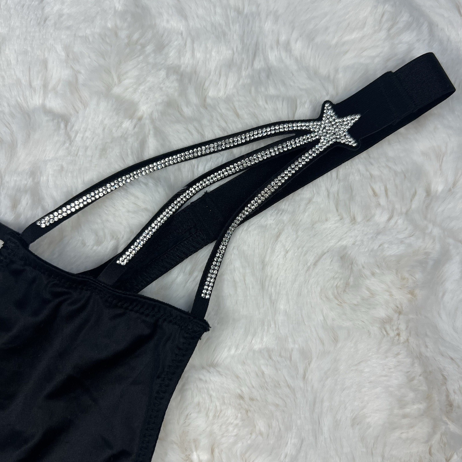 Victoria’s Secret Very Sexy Black High Leg Strappy Thong Rhinestone Star Size.M