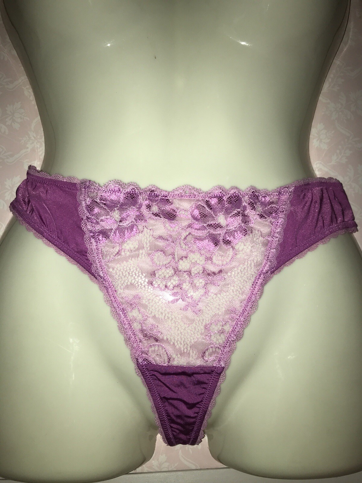 ADORE ME~Womens Sheer Pink Embroidered Lace HI CUT Pink LARGE L Thong Panty NWT