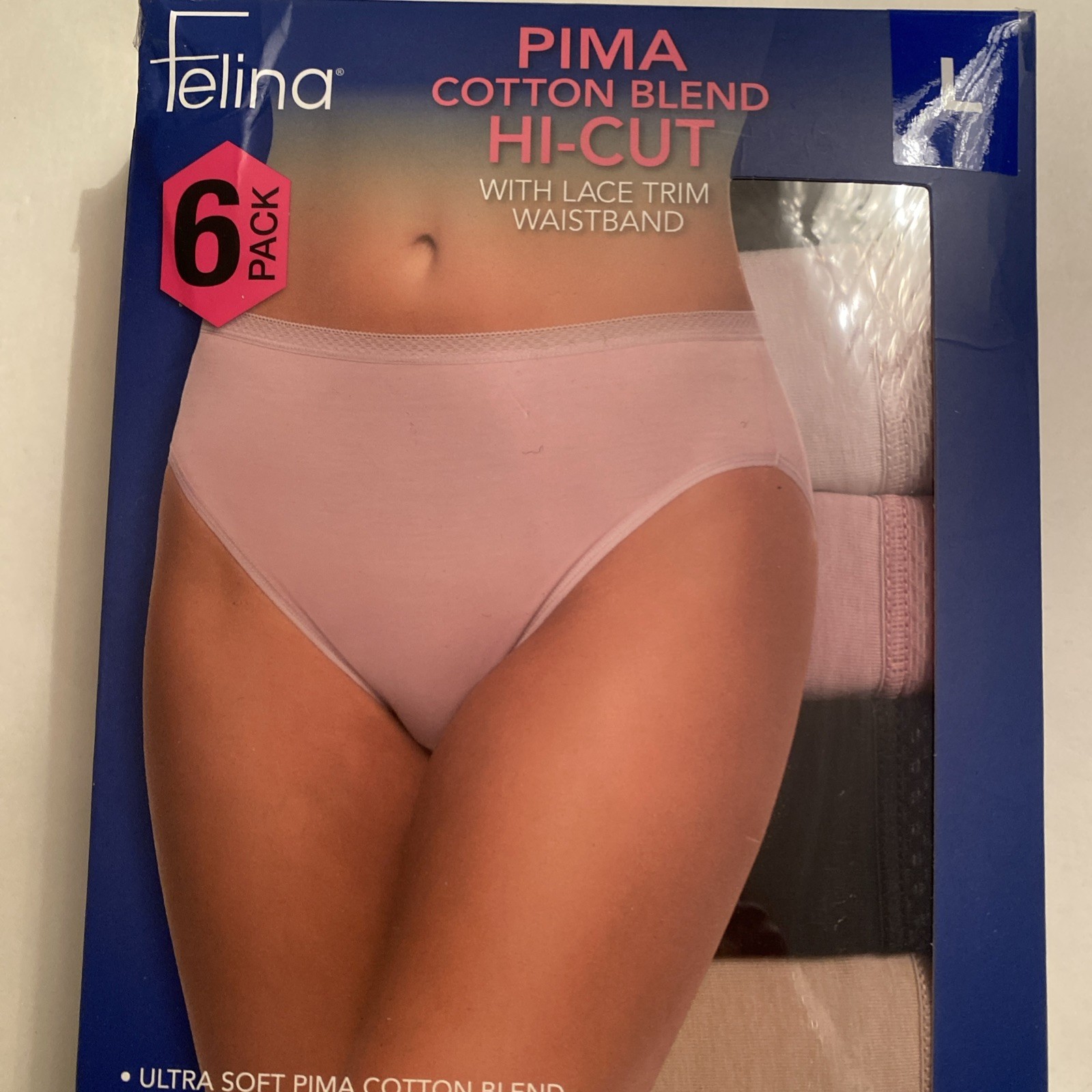 Felina Pima Cotton Blend Hi-Cut Panties Lace Trim 6 Pack Womens Med Or Large NIP