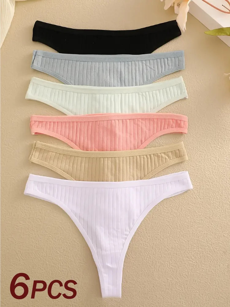 Low Rise Cotton Thong Panties Ribbed Stretch Breathable Soft Comfortable 6PCS