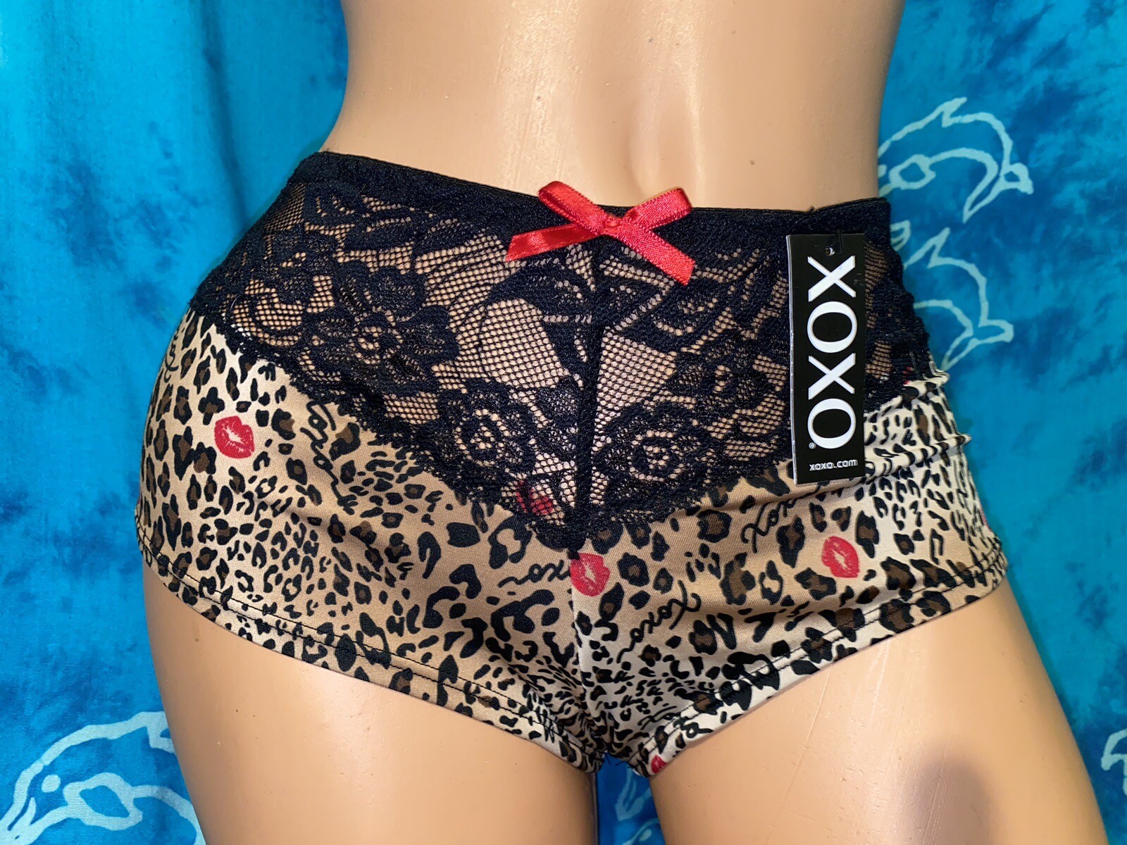 NWT XOXO Sheer Black Lace Leopard Print Red Lips Kiss Cheeky Boyshort Panties 1X