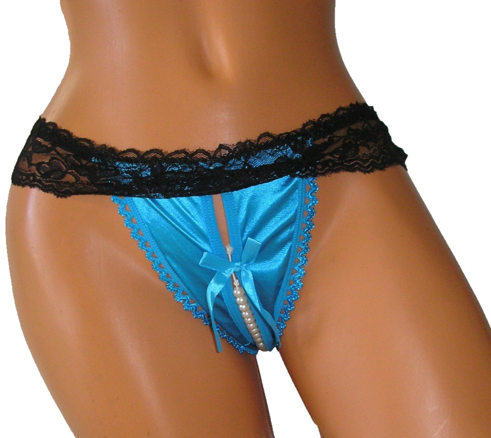 Panties Lingerie Black Lace Trim Blue Faux Pearl Crotchless Medium Adult Gift