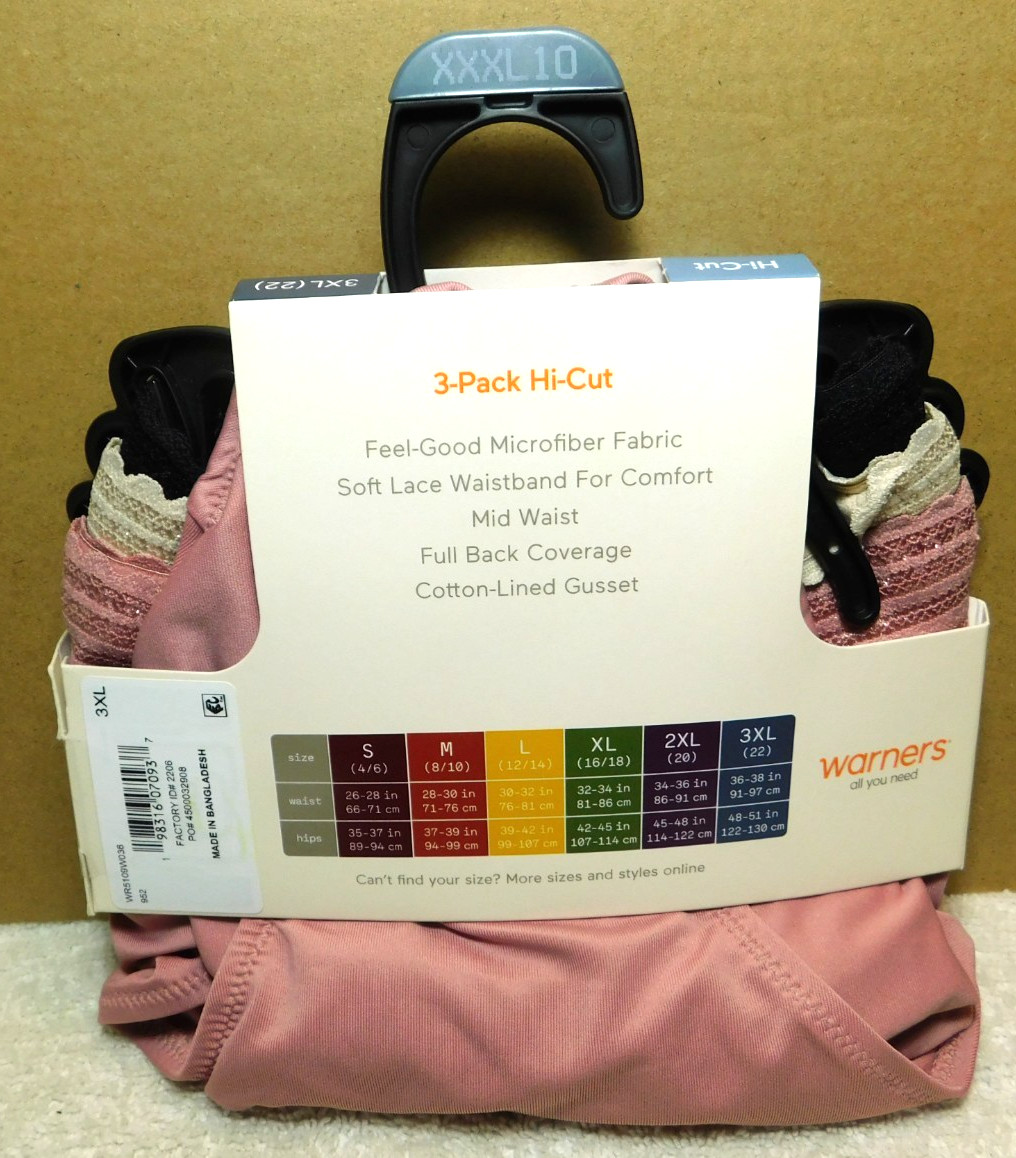 Warners~Woman’s Dig-Free Comfort Waistband Hi-Cut 3 Pk. Panties Size XXXL10 (DG)
