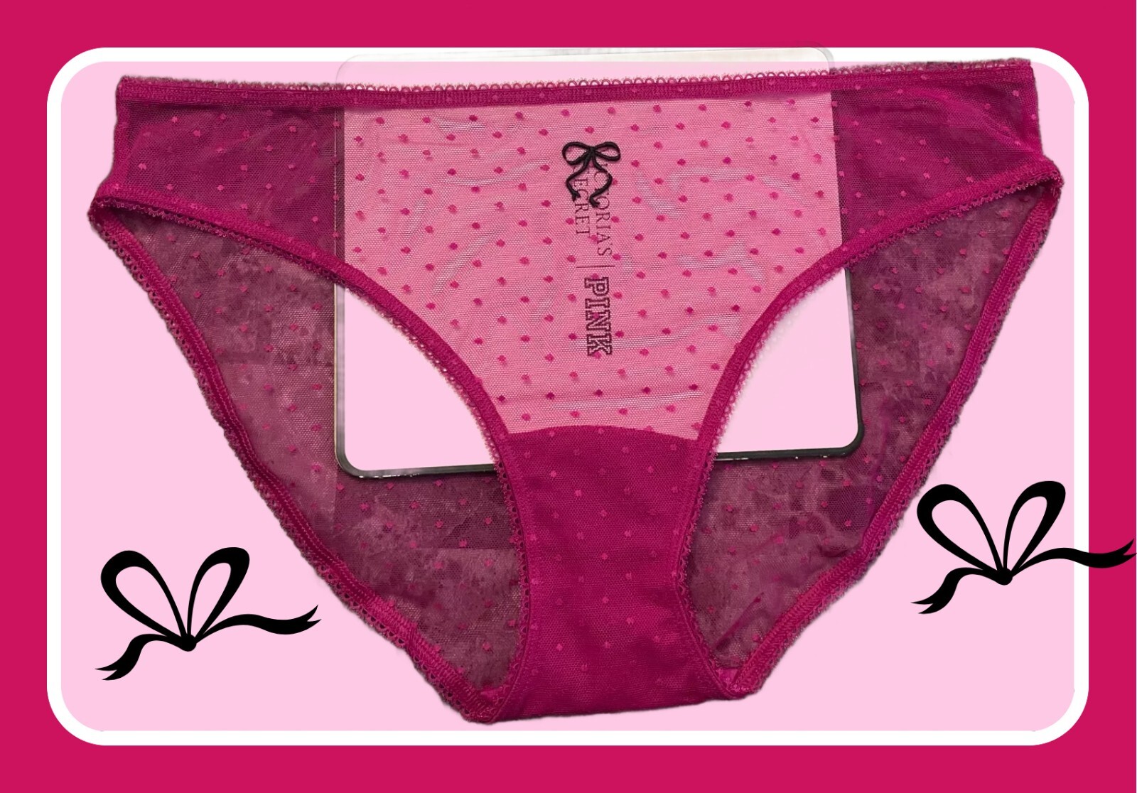 M Hot Fushia Pink Polka Dot Mesh w Bow Stretch Victoria’s Secret BIKINI Panty
