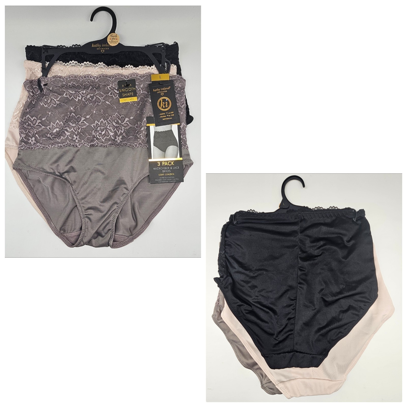 3 Pack KATHY IRELAND Women’s M L Microfiber Shaping Briefs Black Beige Brown