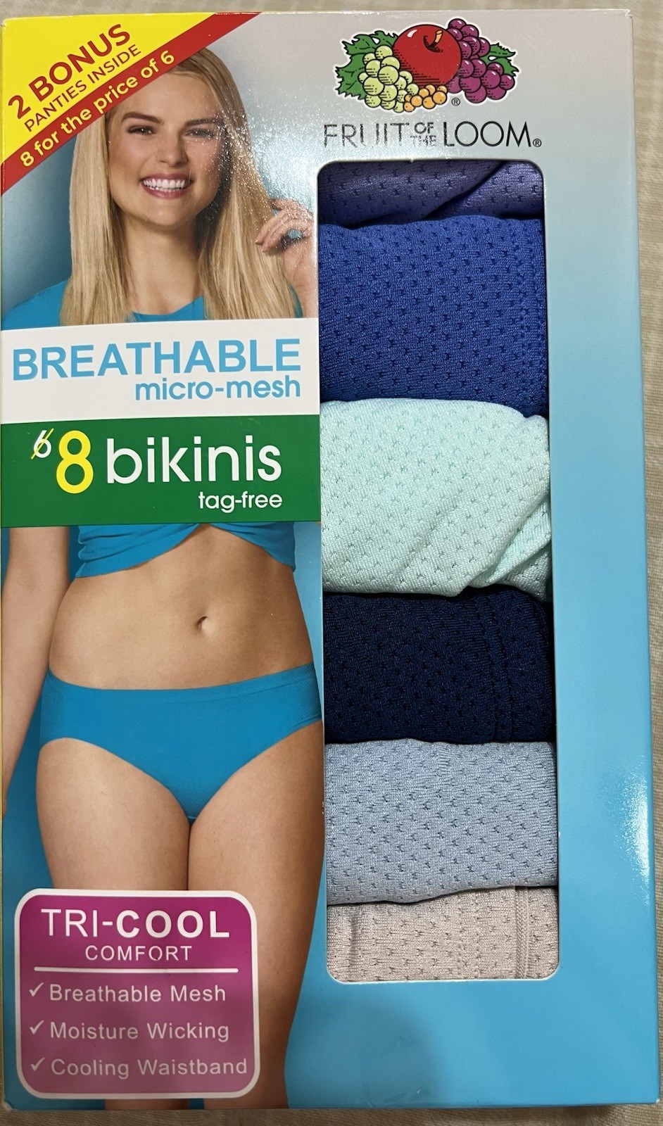💜💙🩵🩶 8 Pair Fruit of the Loom Womens BIKINI Panties Micro-Mesh Size 6 Medium