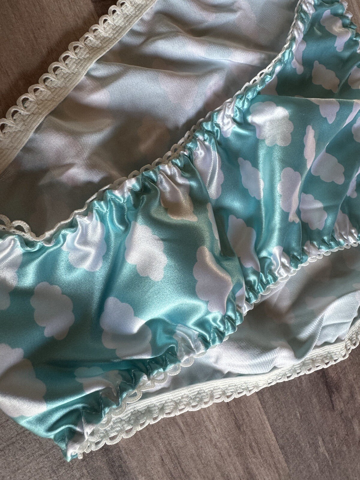 NWOT Sz L Handmade Shiny Blue Cloud Silky Satin String Bikini Panties