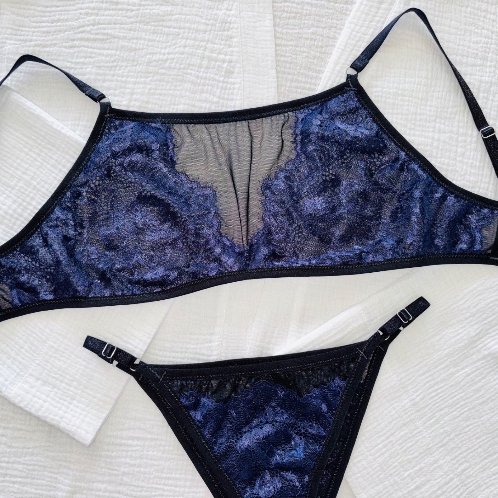 BLUE Lace UNDERWEAR Set SHEER Black SISSY Mesh Vintage LINGERIE Bikini BRIEF S M