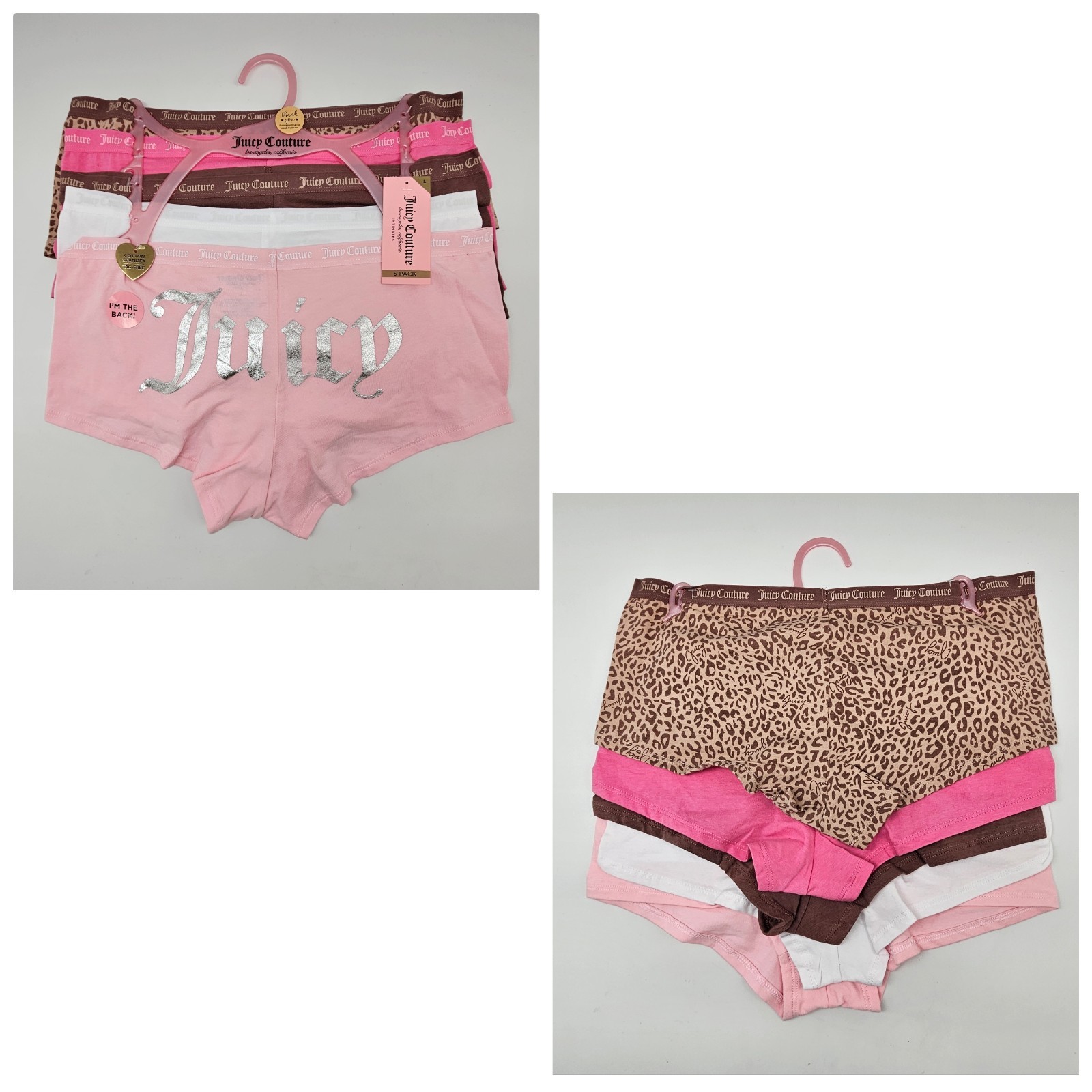 JUICY COUTURE 5 Pack Women’s S M L Cotton Logo Boy Shorts Brown Beige Pink White