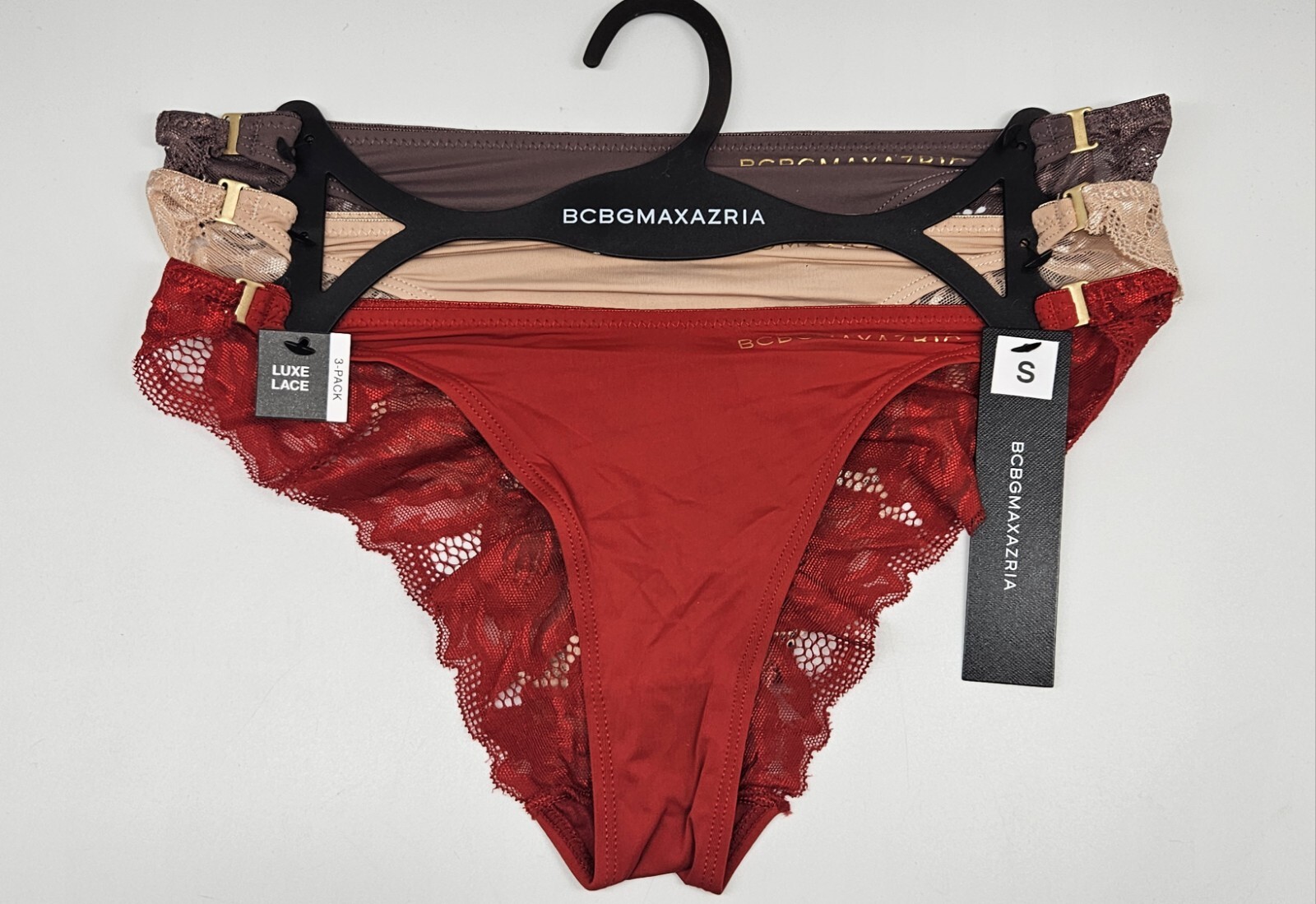 BCBGMaxAzria 3 Pack Women’s S M L XL Luxe Lace Cheeky Panties Brown Beige Red