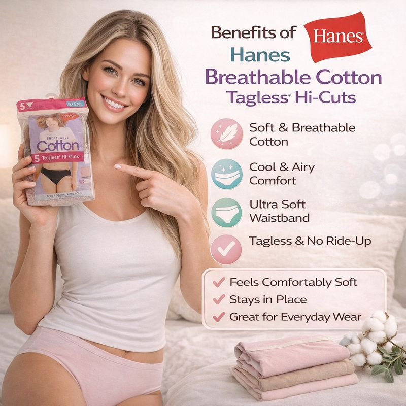 Hanes 5 Pair Breathable Cotton Tagless Hi-Cut Panty Junior’s Size 9/2XL