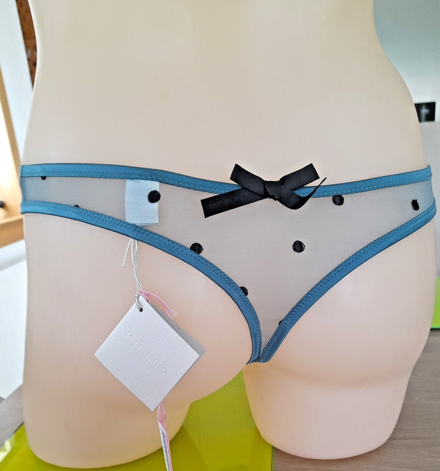 Valentino Intimate Teal Mesh Black Spot Sheer Narrow Sided Thong