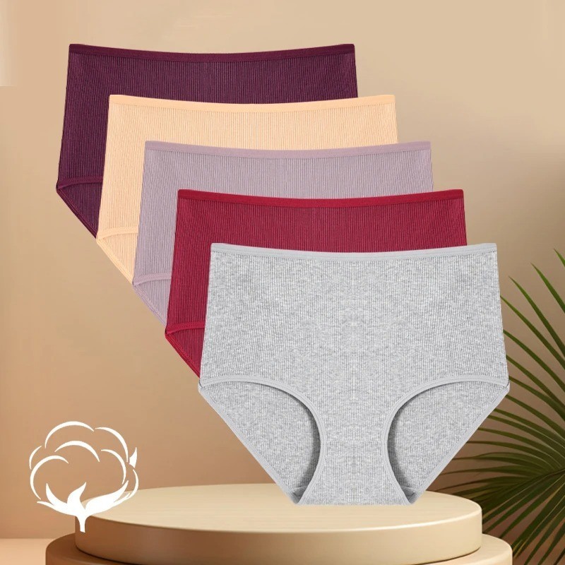 High Waist Cotton Panties Solid Women’s Soft Stretch Underwear S-XXXL 5 Pcs