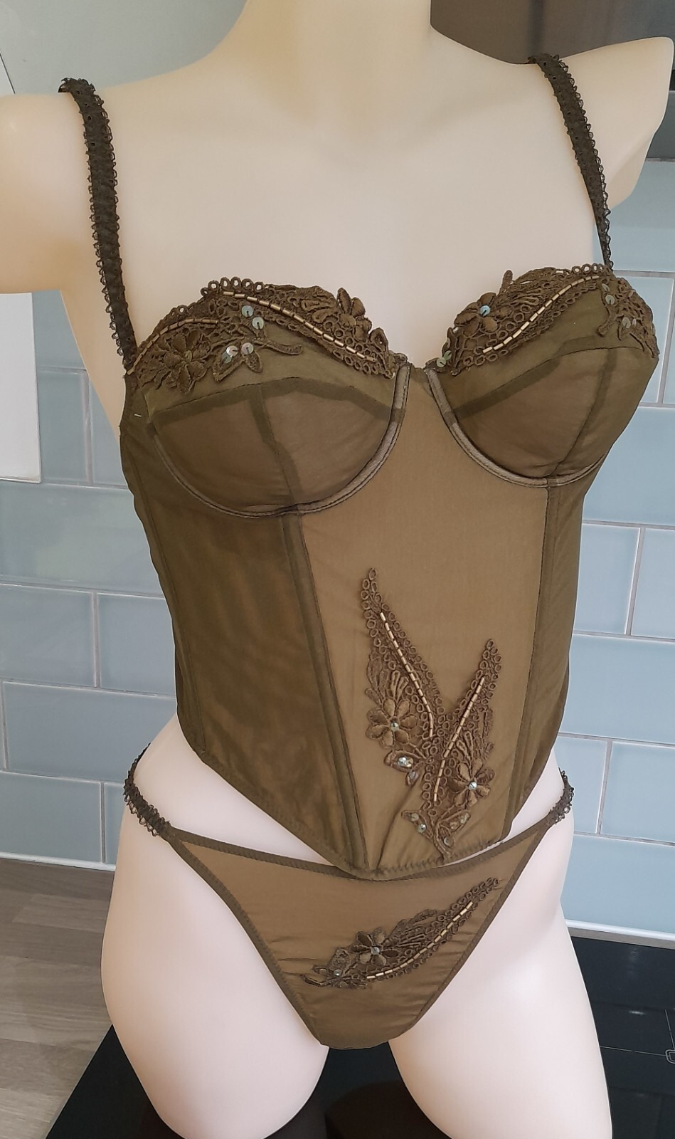 Janet Reger London Sheer Olive Mesh String Sided Hipster Thong