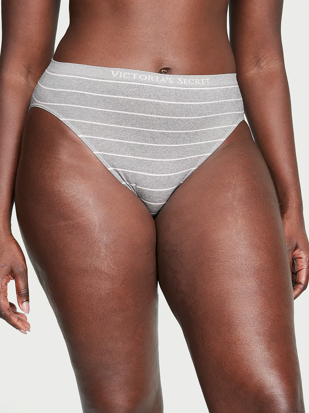 L Grey White Stripe SEAMLESS NO SHOW Victorias Secret High-Leg Waist Brief Panty